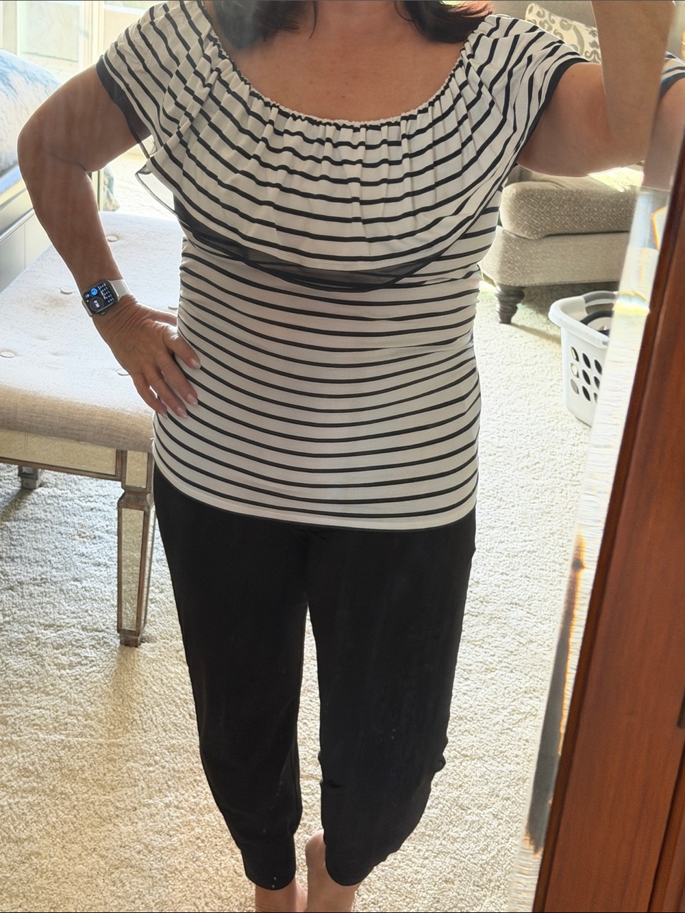 White House Black Market Navy Blue and White Peasant Blouse